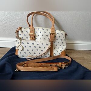 Dooney & Bourke Tan and White w/ Blue Decal Domed Satchel w/ Matching Wallet